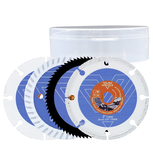 75mm saw blade set - 4 pieces. Diamond cutting disc/wood cutting disc/HSS circular saw blade/metal cutting disc with 10mm bore for concrete, masonry, wood, plastic, metal cutting. VENJELD