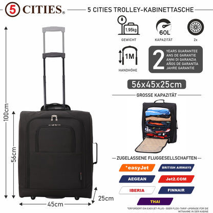 5 Cities 56x45x25 Trolley Suitcase Easyjet/British Airways/Jet2 Maximum size of cabin travel bag flight bag travel bag airplane, 56 cm, 60 liters, 2 year warranty (Black)