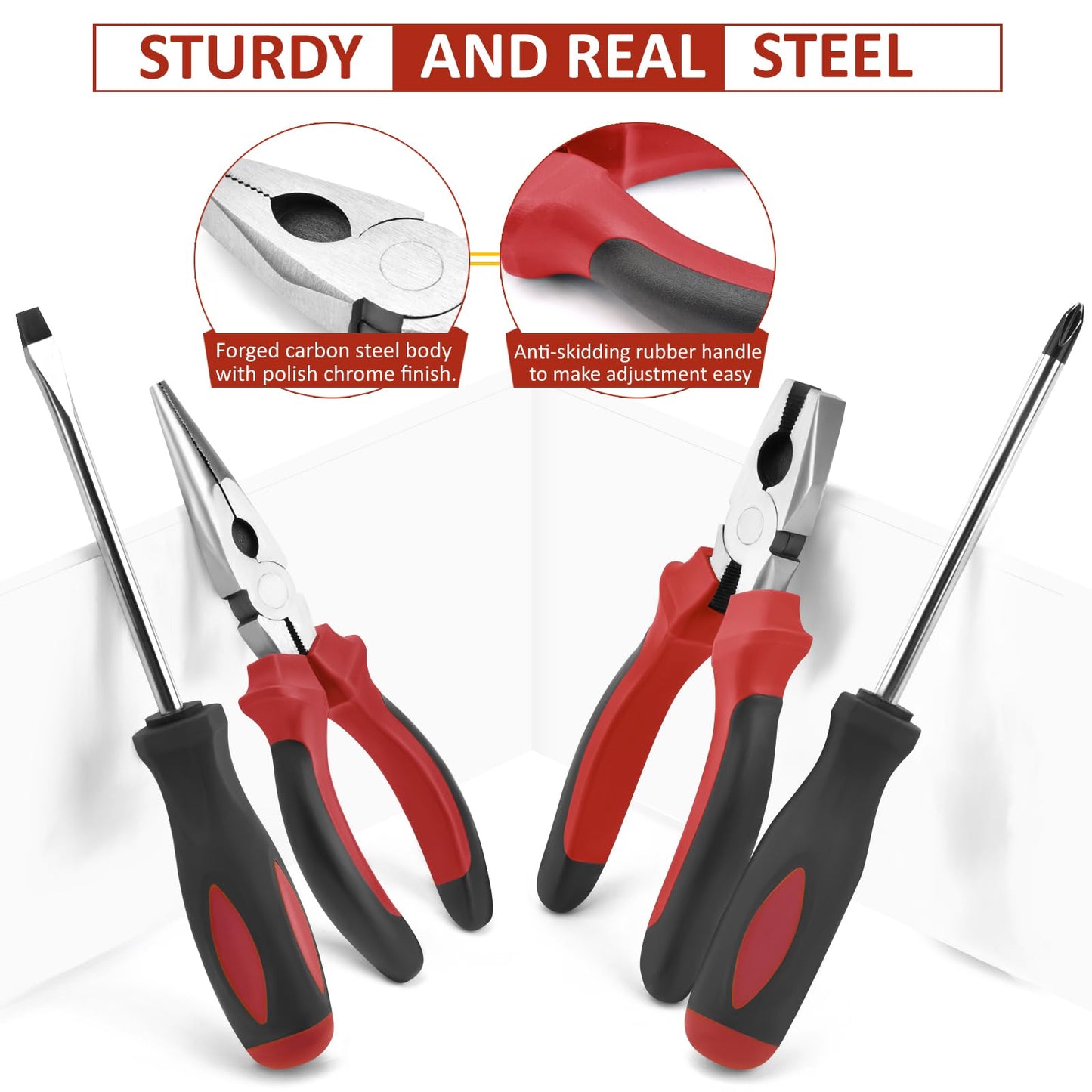 Sundpey Tool Set 148pcs - Household tool box with ratchet screwdriver, hex key, pliers & voltage tester for Men and Women Red