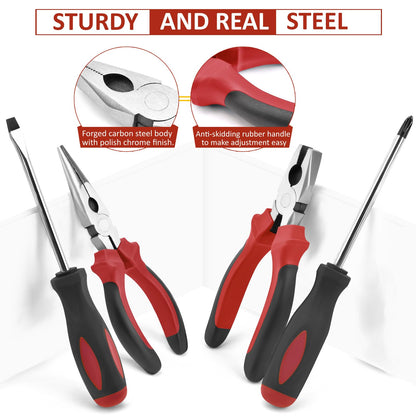Sundpey Tool Set 148pcs - Household tool box with ratchet screwdriver, hex key, pliers & voltage tester for Men and Women Red
