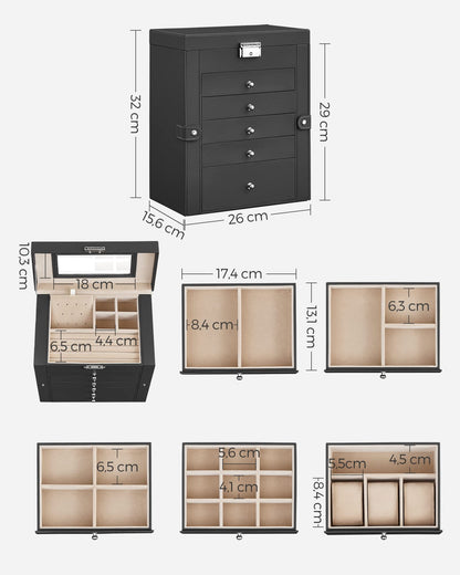 SONGMICS Jewelry Box 6-Tier, Jewelry Case with 5 Drawers, ample storage, interior mirror, lockable, jewelry storage, gift for your loved ones, for watches, black JBC152B01