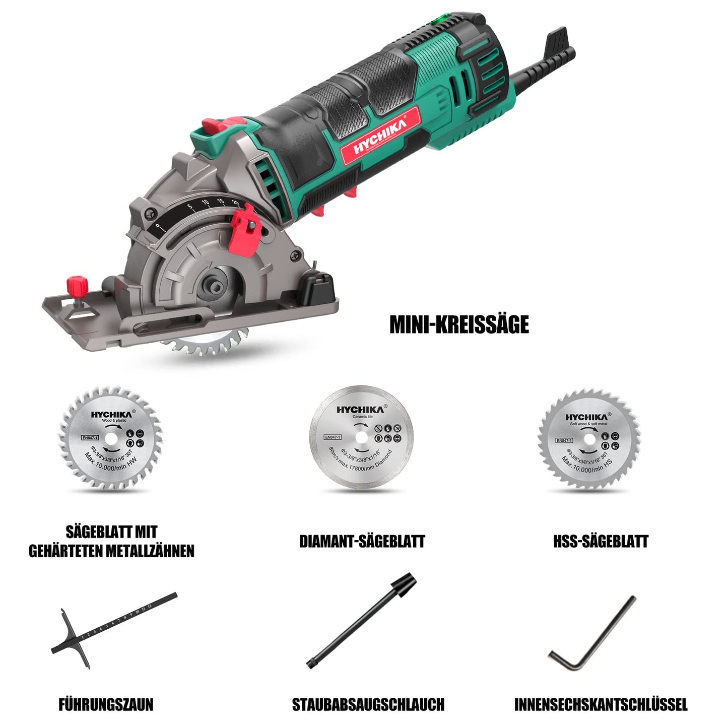 HYCHIKA Mini Circular Saw, Hand Saw with 3 Blades, Scale Ruler, 500W Pure Copper Motor, 4500RPM, Ideal for Wood, Soft Metal, Tile, and Plastic Cuts.