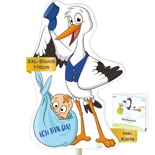 Stork birth for outdoors I Baby boy I XL 110 cm I weatherproof I Set: Stork + wooden pole + greeting card I Baby stork as a gift I Welcome home birth stork decoration