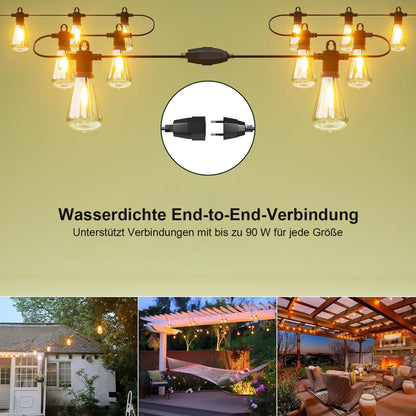 Kawaya outdoor string lights, 30m string lights LED with 50+2 ST38 bulbs, waterproof IP65 garden decoration string lights for patio, trees, wedding, party, festival, 2700K warm white.