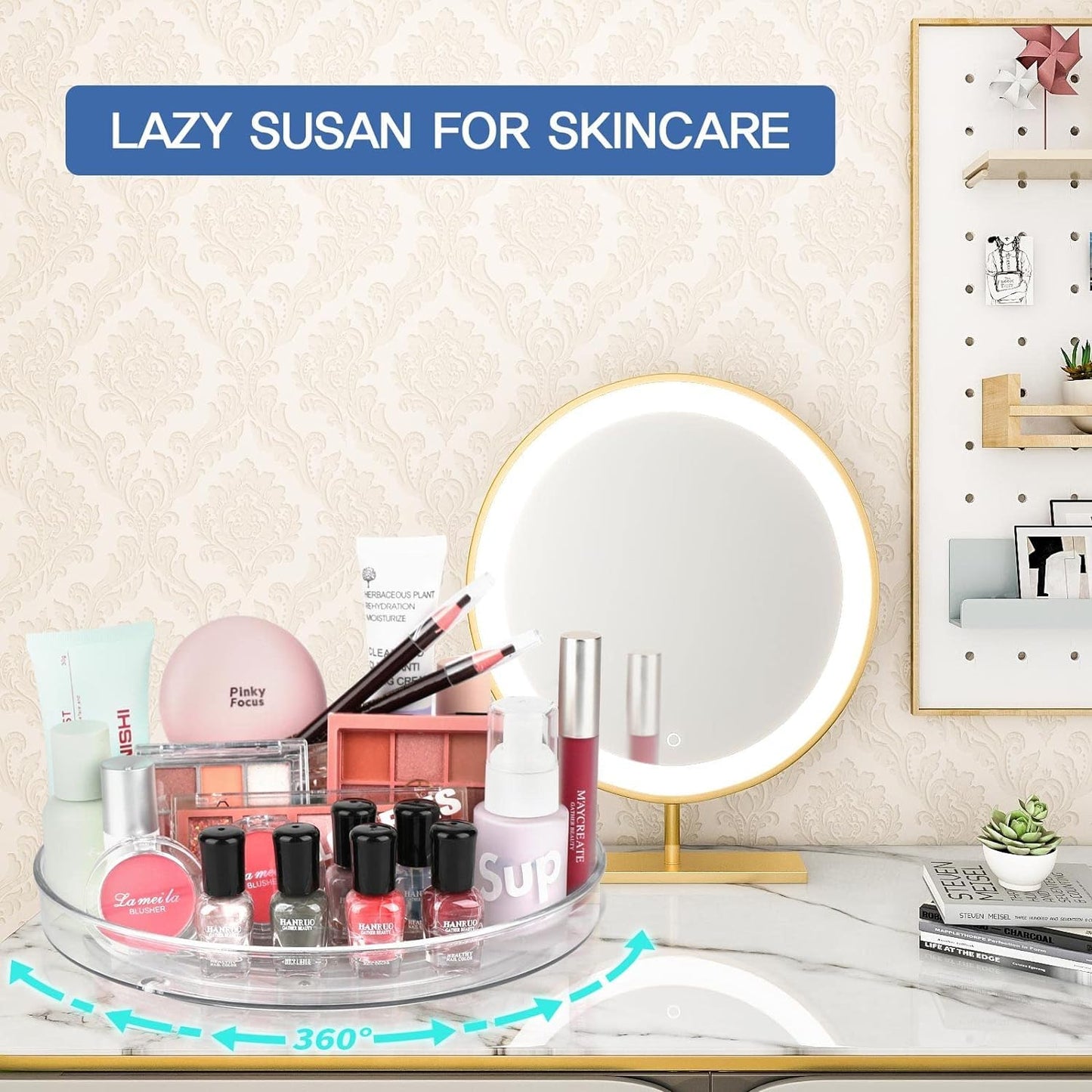 2 pieces Turntable Fridge Organizer Lazy Susan (23.5cm&27cm), 360° Rotating Kitchen Organizer Rotating Spice Rack for Spice Pantry Cabinet Bathroom Dresser. (Transparent)