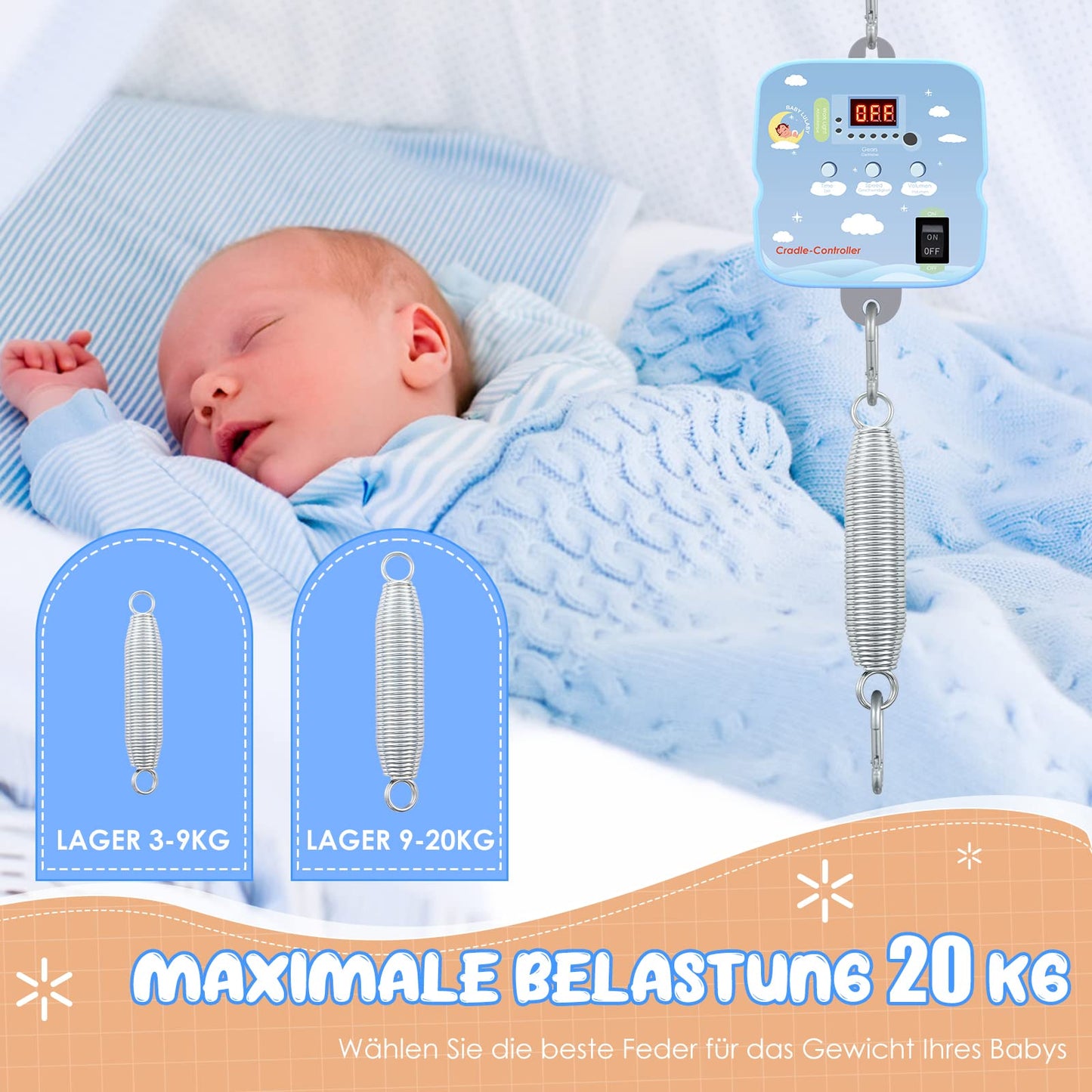 Motorized baby swing, SenDeluz swing motor with 2 pieces of spring and remote control, Electric baby swing controller with timer, Adjustable speed and volume, 20 kg capacity.