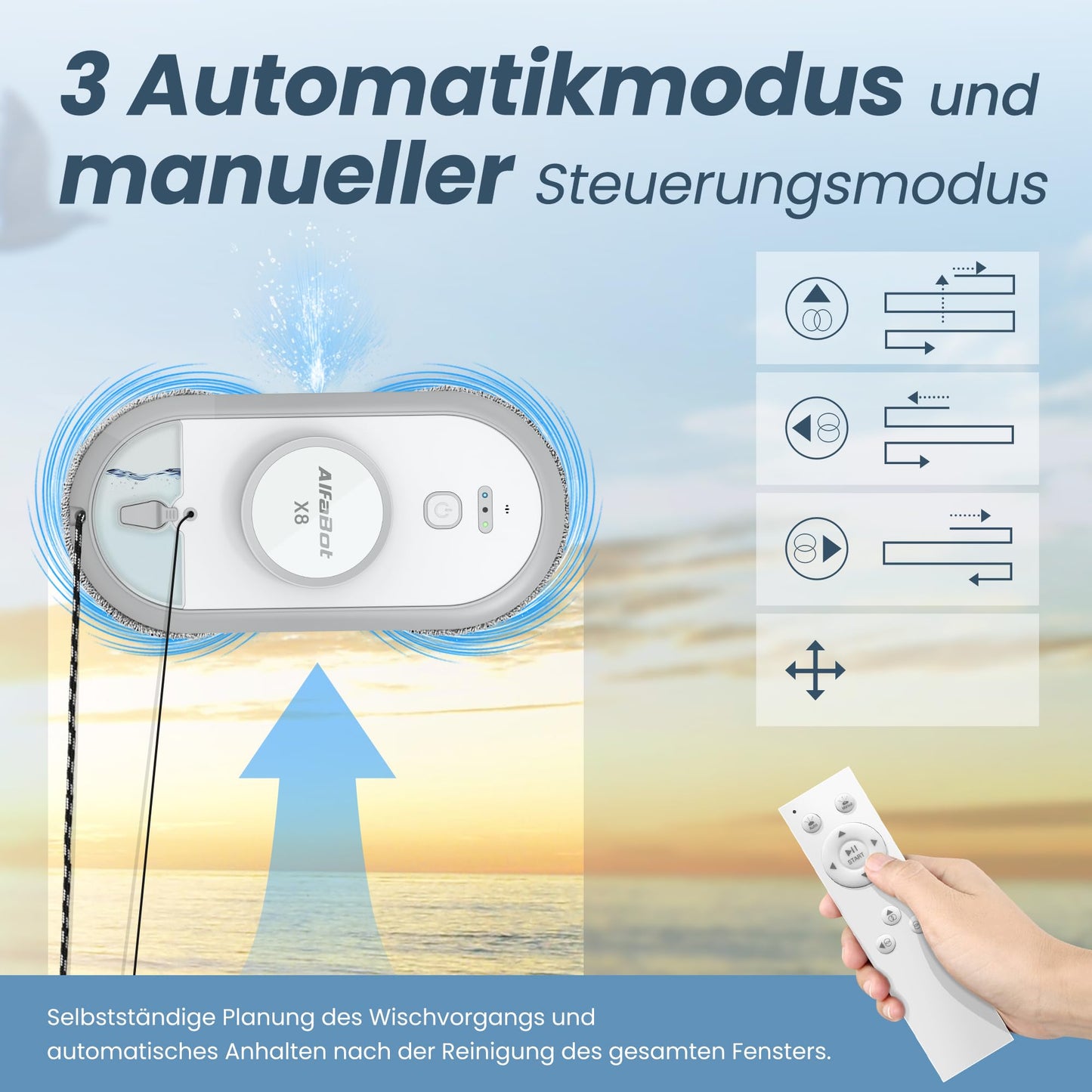 AlfaBot X8 window cleaning robot, electric window cleaner robot, glass cleaning robot with water spraying function in two directions, remote control, voice support in English, auto sprayer.