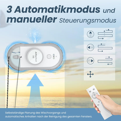 AlfaBot X8 window cleaning robot, electric window cleaner robot, glass cleaning robot with water spraying function in two directions, remote control, voice support in English, auto sprayer.