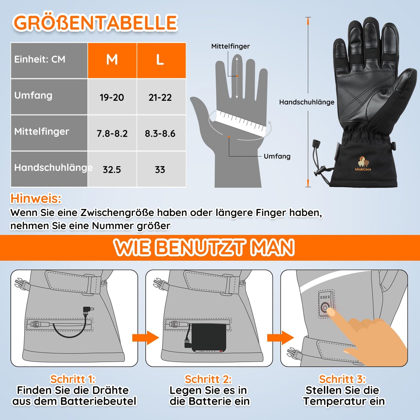Mia & Coco Heated Gloves for Men Women, 3-Level Heated Ski Gloves with 7.4V 5400mAh Type-C Batteries, 6 Hours Runtime, for Climbing, Hiking, Biking, Camping