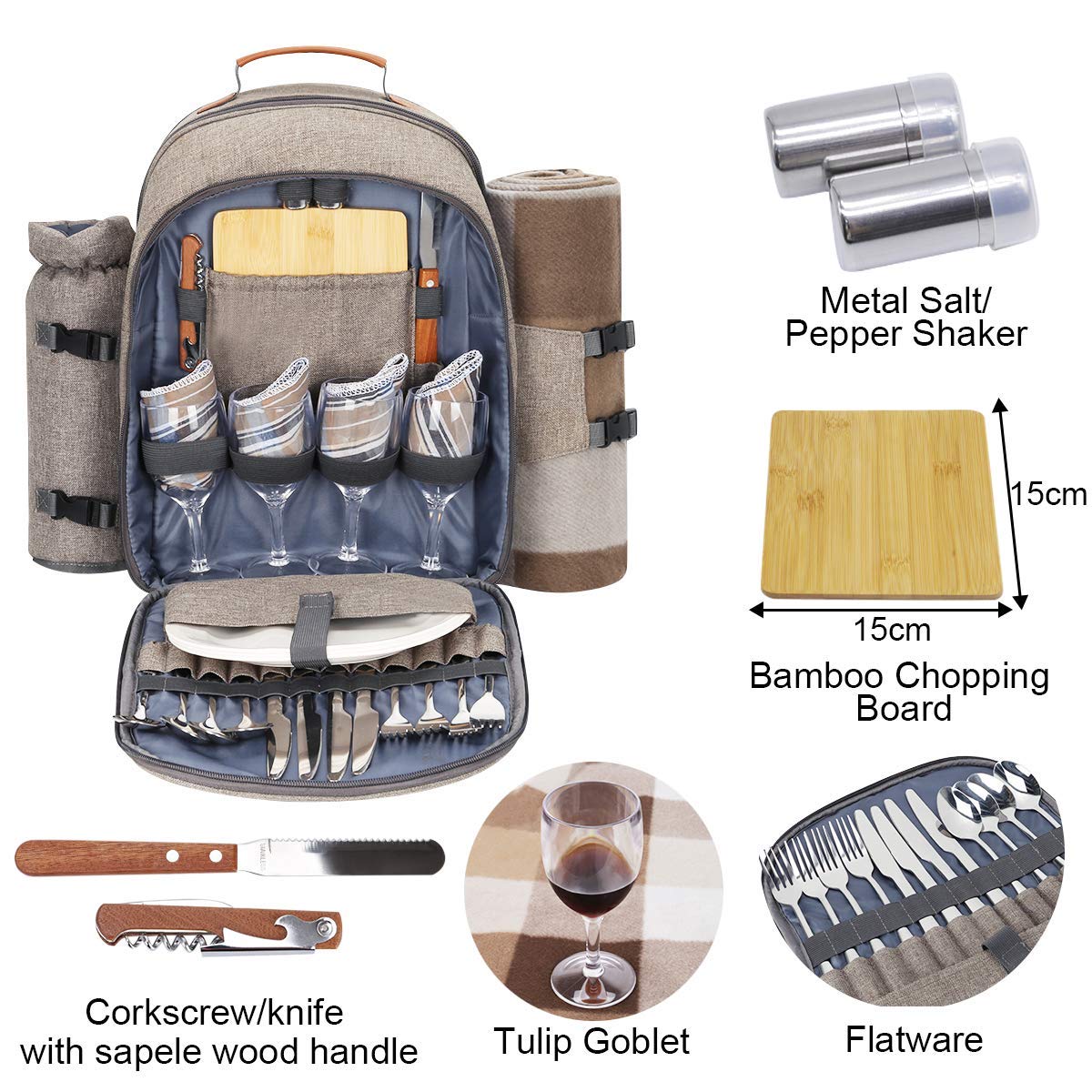 Sunflora picnic backpack set for 4 persons with insulated cooler and blanket, picnic basket for 4 persons for camping outdoor (beige)