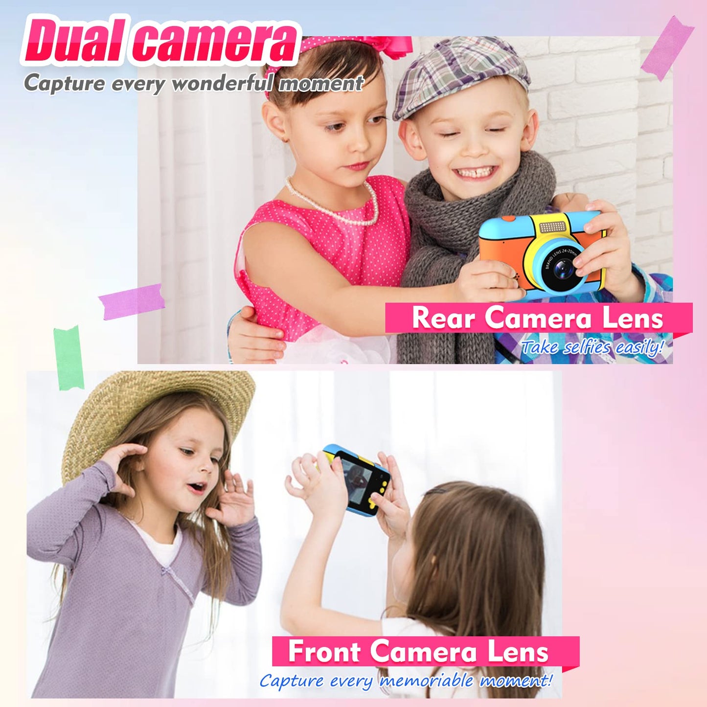 BaFuland kids camera, 2.4-inch screen children's camera, 20MP & 1080P HD digital camera for kids, selfie camera with 32GB card, kids toy gifts for boys & girls aged 3-12 years.
