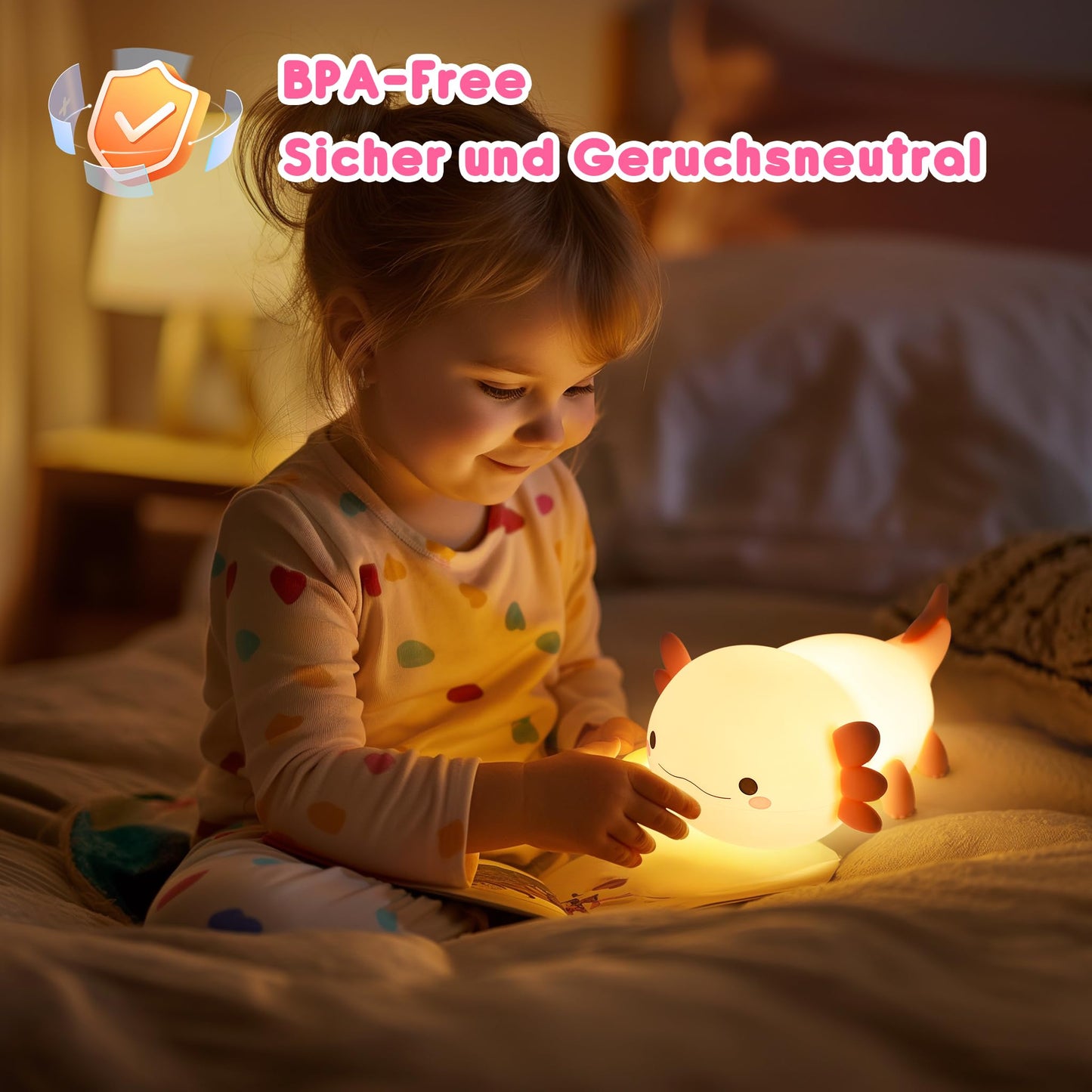 Axolotl night light, children's night light, cute silicone axolotls bedside lamp, rechargeable touch LED dimmable table lamp with 20-minute timer, gift for baby girl boy, room decoration