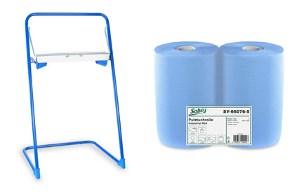 2 x blue absorbent paper roll with floor stand dispenser, 1000 sheets, 37x36 cm | 2-ply perforated paper towels | for industrial, workshop, and restaurant use | Diameter 25 cm