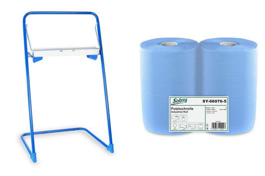 2 x blue absorbent paper roll with floor stand dispenser, 1000 sheets, 37x36 cm | 2-ply perforated paper towels | for industrial, workshop, and restaurant use | Diameter 25 cm