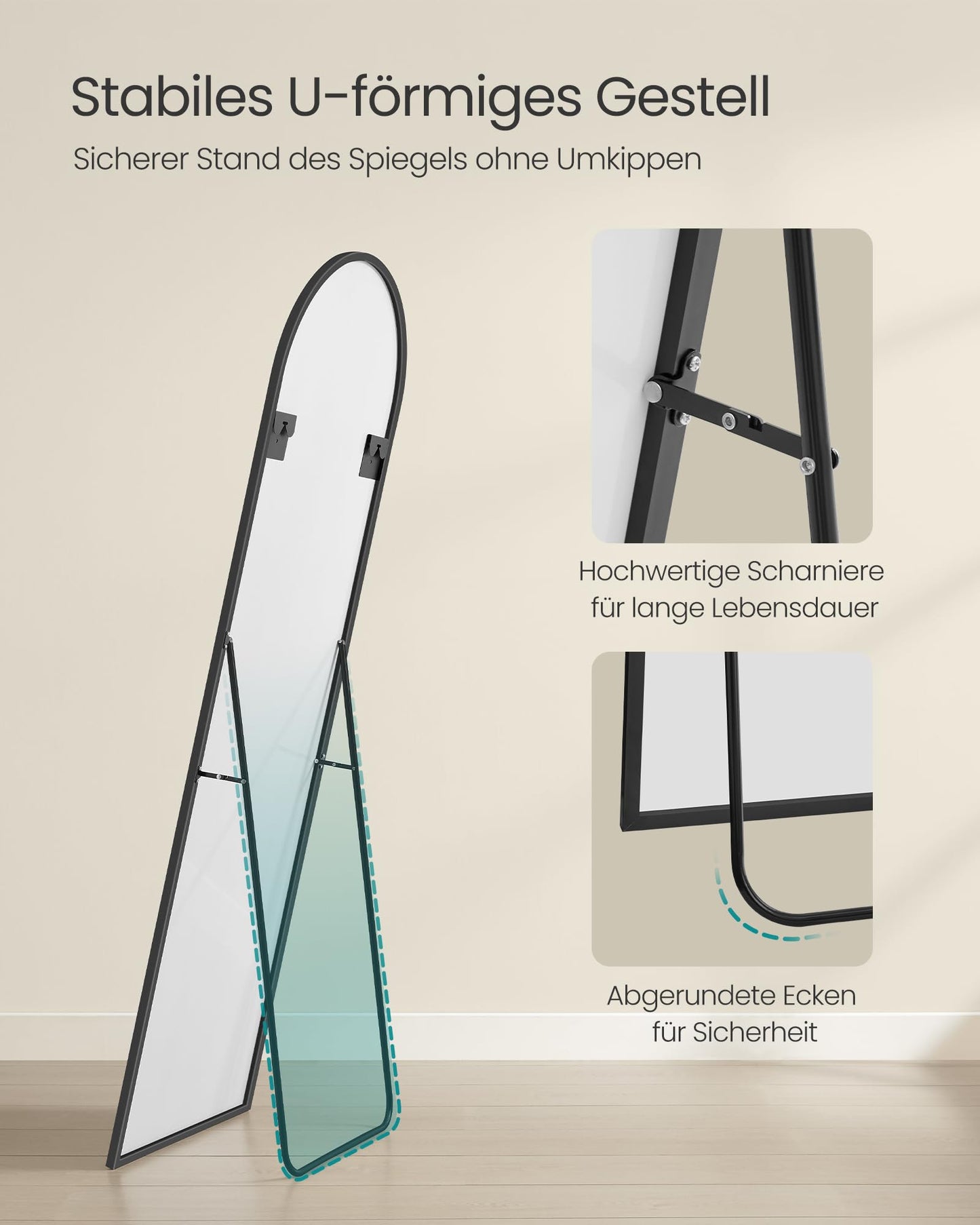 SONGMICS Full-Length Mirror, 160 x 50 cm, Curved Floor Mirror, Aluminum Alloy Frame, Tempered Glass, for Bedroom, Living Room, Wardrobe, Ink Black LFM031B01