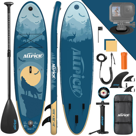 ALLPICK Premium SUP Board Set, Inflatable Stand Up Paddle Board, with Universal Camera Mount, Complete Accessories, Adjustable Paddle, for Beginners, Advanced, 200kg (Mysterious Blue)