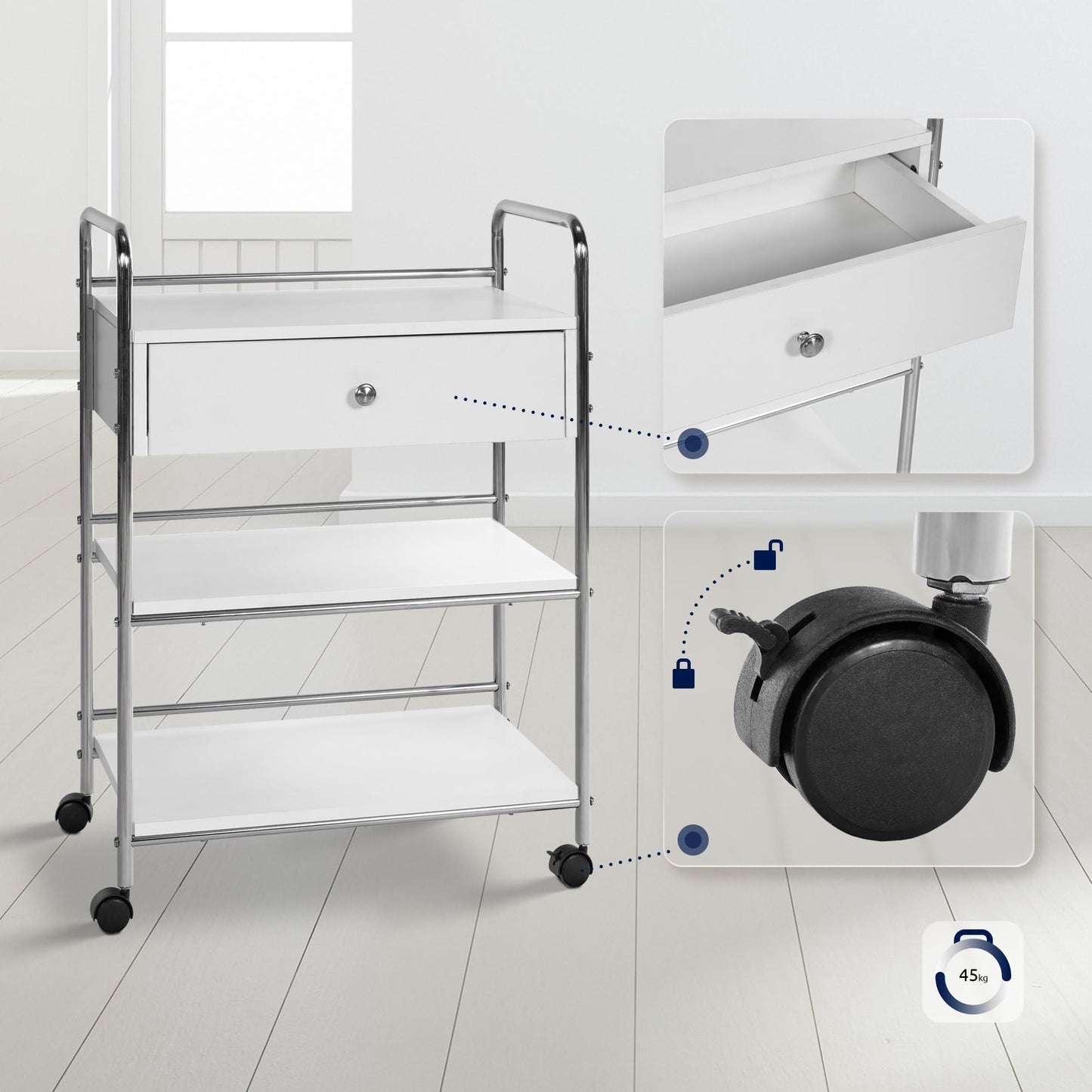 CLP rolling trolley PL912 I utility cart on wheels I cosmetics trolley with drawer and THREE shelves I multi-purpose trolley, color: white