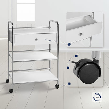 CLP rolling trolley PL912 I utility cart on wheels I cosmetics trolley with drawer and THREE shelves I multi-purpose trolley, color: white