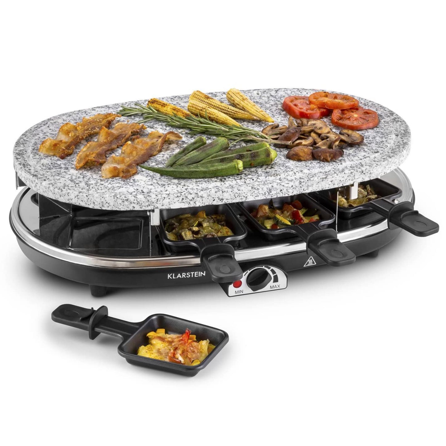 Klarstein Steaklette All-U-Can-Grill Raclette - 1500 watts, 8 people including pans, continuously adjustable temperature, 4-in-1, without coaster and wooden spatula.