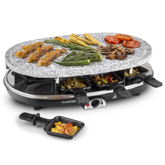Klarstein Steaklette All-U-Can-Grill Raclette - 1500 watts, 8 people including pans, continuously adjustable temperature, 4-in-1, without coaster and wooden spatula.