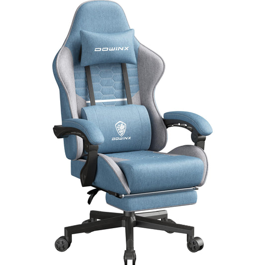 Dowinx Gaming Chair Bag Spring Cushion, Breathable Office Chair made of High-Quality Fabric, Ergonomic PC Chair with Headrest, Rotating Desk Chair with Footrest (Blue)
