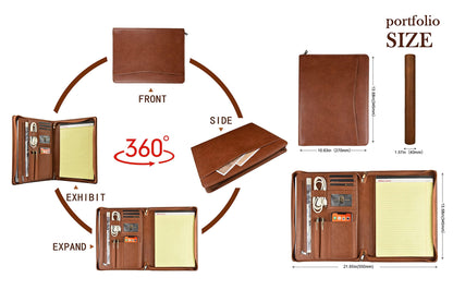 Calfinder A4 Leather Conference Folder, Notepad with A4 Clipboard/Zipper, Vegan Leather File Folder Document Case, Office Organizer, Gift for Women/Men, Brown