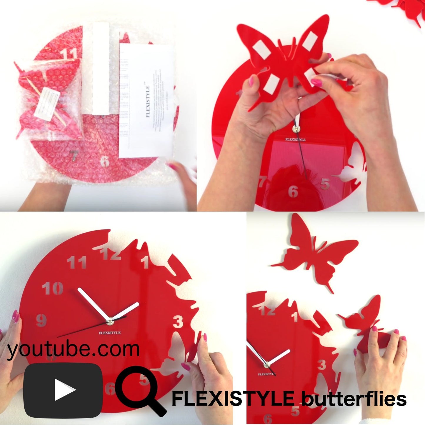 FLEXISTYLE z4c_3 Large Modern Wall Clock Butterfly Red round 30cm, 3D DIY, Living Room, Bedroom, Kids Room