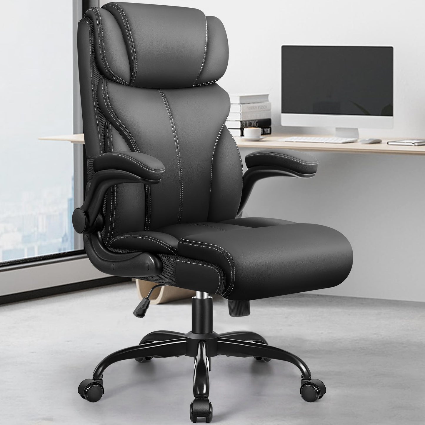 FelixKing office chair, Ergonomic Big Computer Office Chair, Executive Chair, Adjustable High Back Flip Armrests, Lumbar Support Swivel Computer Chair with Rocking (Matte Black)