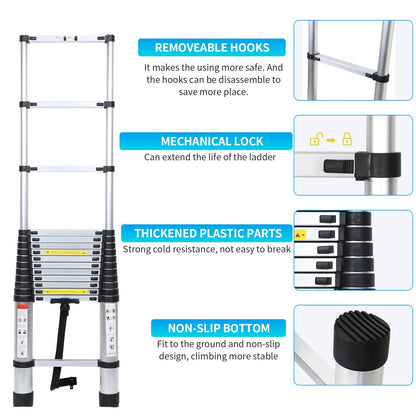 Ansobea Telescoping Ladder Extendable Aluminum, Non-Slip Folding Ladder, Step Ladder Multi-Purpose, 150 kg 330 Pound Capacity, Aluminum Ladder (2.6M with Hooks)
