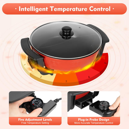 1300W 6L Electric Hot Pot Twin Cooker Fire Pot Yin Yang Hotpot 2 Sided Soup Pot, Electric Stewpan Wok Pan, Hotplate, Non-Stick Chinese Hotpot
