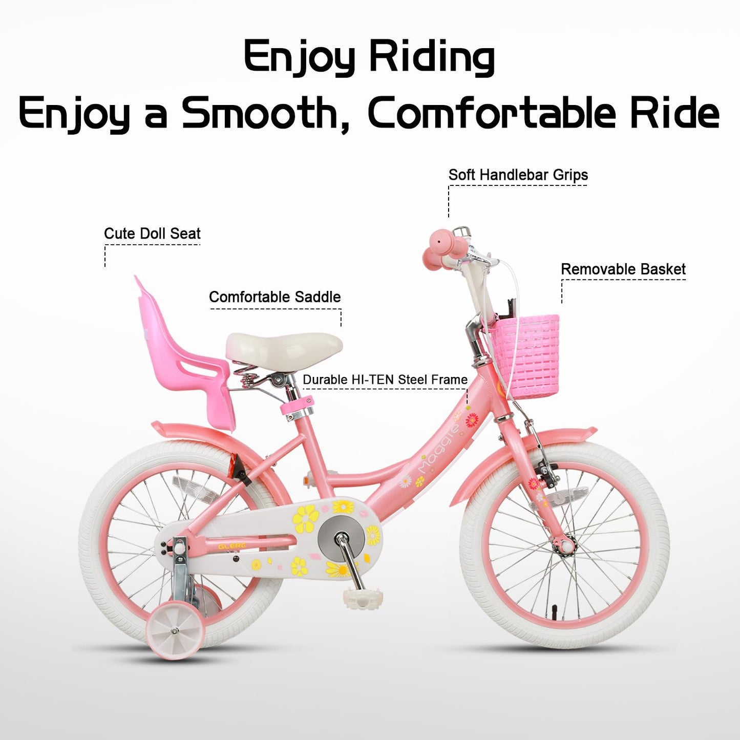 Glerc Maggie 16 inch kids' bike for 4-7 year old girls. Princess style with doll seat, basket, training wheels, and bell. Perfect birthday gift, in pink to white.
