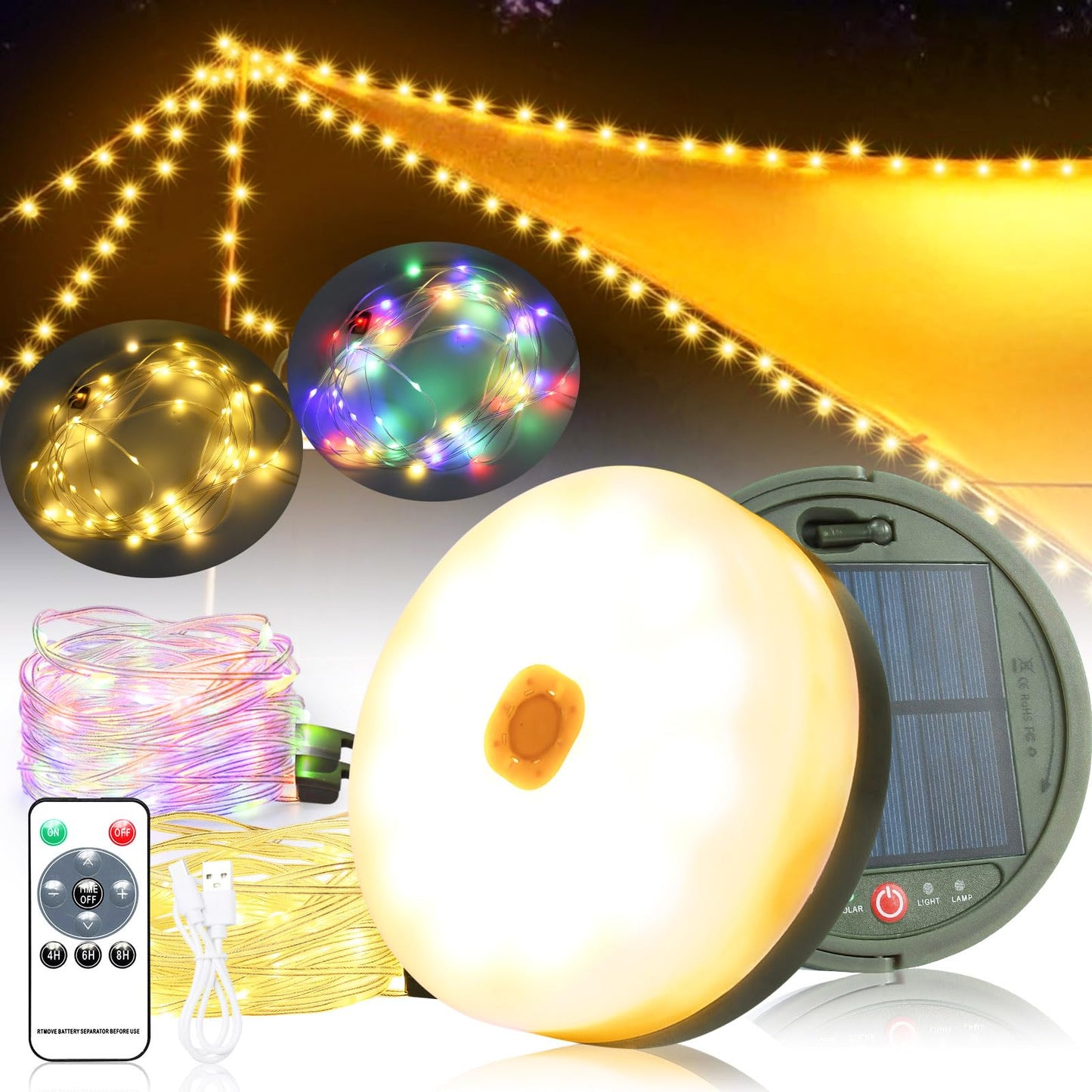 10m Solar Camping String Lights, Warm White+RGB Camping String Lights, Solar&USB Charging, 13 Modes Outdoor Camping Lamp with Remote Control, 130 LEDs Portable Camping Lights for Camping.