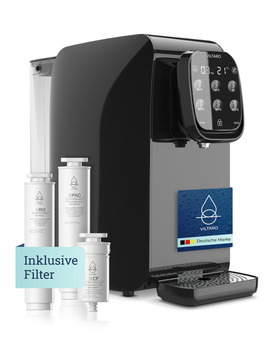 VILTARO® Reverse Osmosis Water System [black, 5-stage filter system, 6 temperature levels, portable without water connection] | Reverse Osmosis System | Osmosis Water Filter | Limescale Filter | Drinking Water Filter