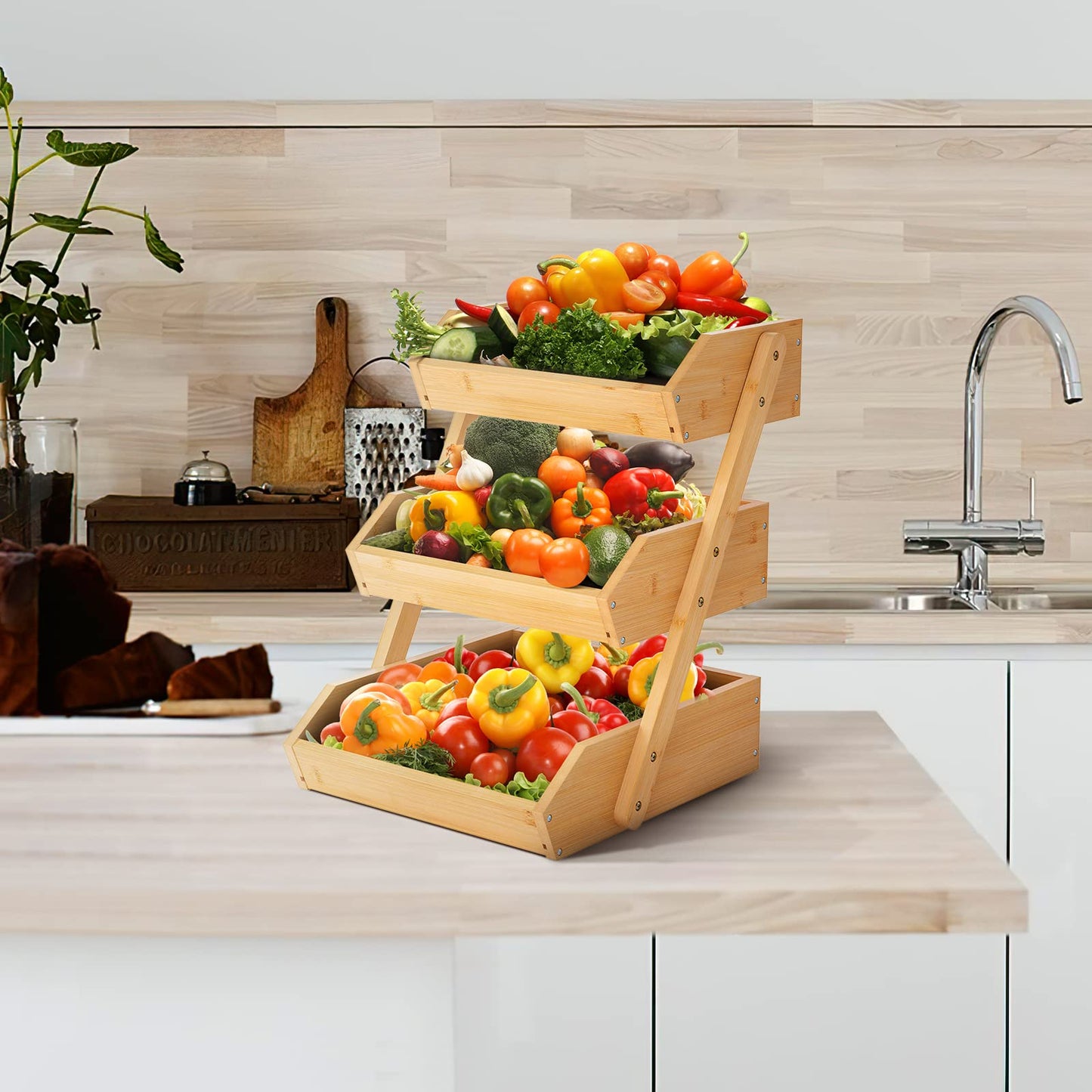 G.a HOMEFAVOR Bamboo Fruit Basket 3-Tier Detachable Fruit Stand Storage Holder for Vegetables Snacks Bread Kitchen, Natural Color