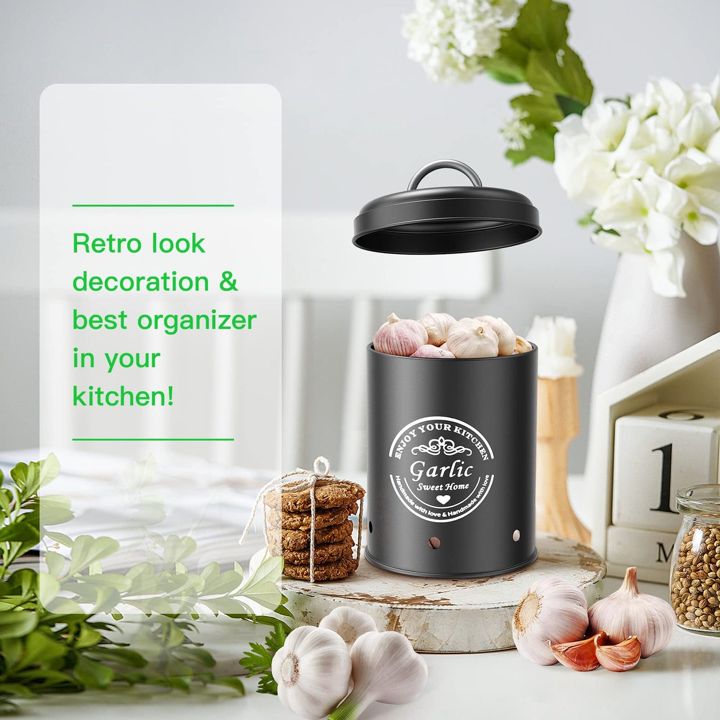 rokrust Potato storage box, onion pot, large metal storage container, kitchen, can store potatoes for a long time (Black)