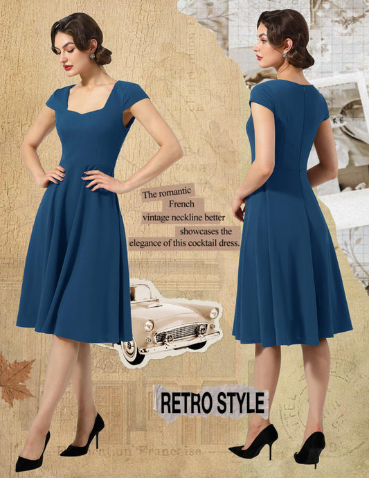 Berylove Evening Dresses Elegant Long Rockabilly Dresses Women Vintage Dress with Cutout 8009 Dusty Blue S