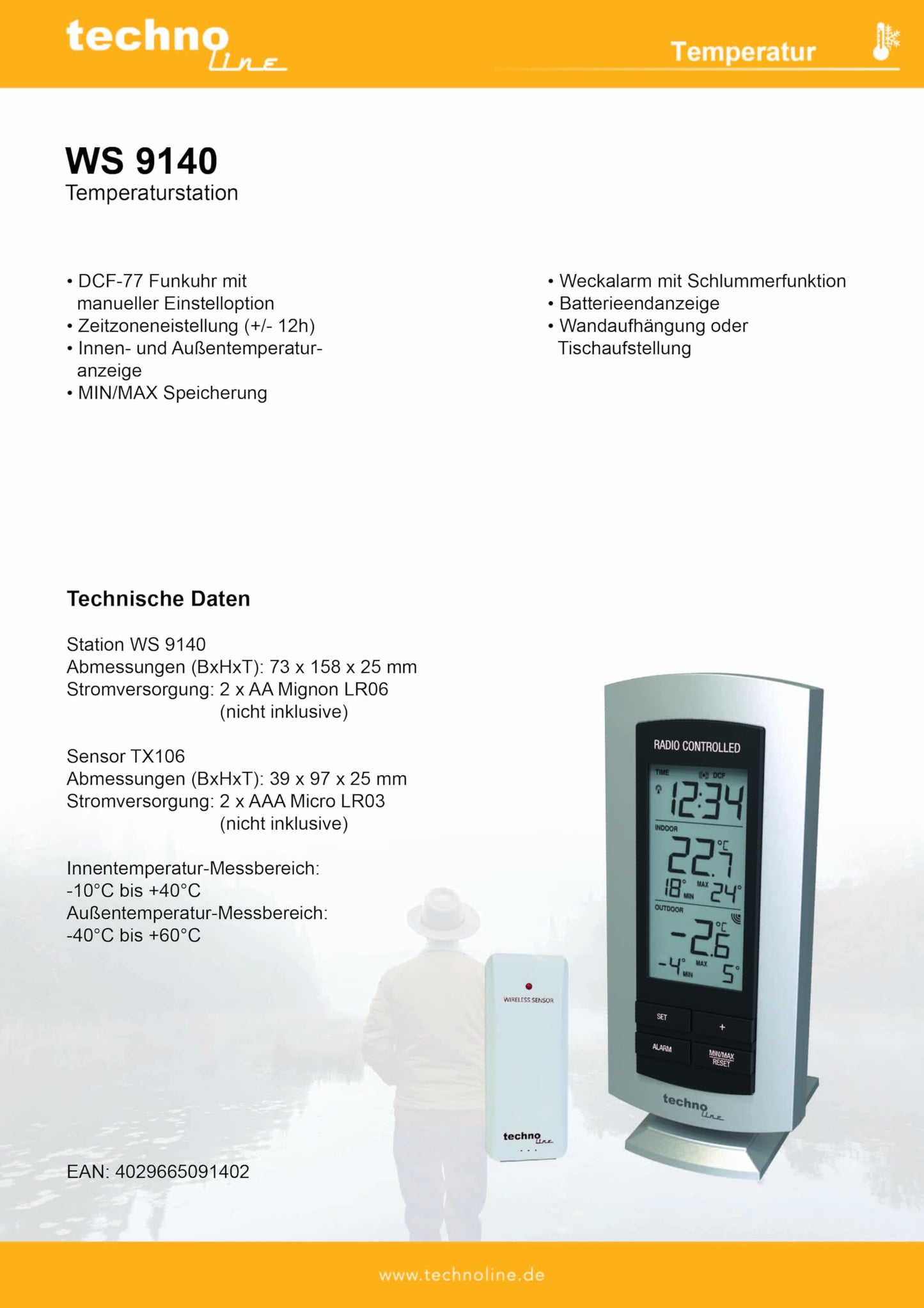 Techno Line weather station WS 9140-IT with radio-controlled clock and indoor and outdoor temperature display, including transmitter TX106
