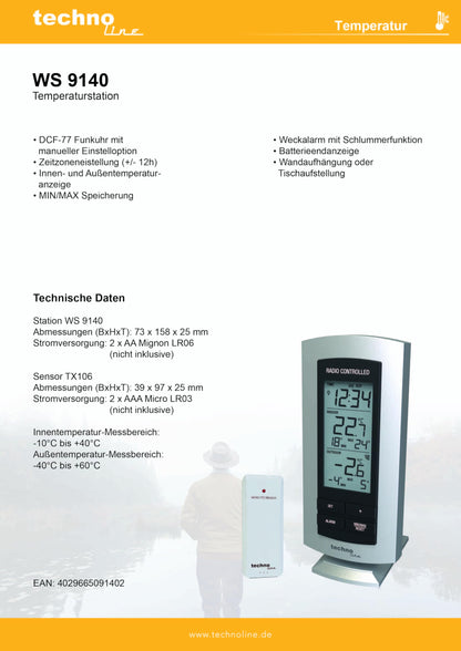 Techno Line weather station WS 9140-IT with radio-controlled clock and indoor and outdoor temperature display, including transmitter TX106