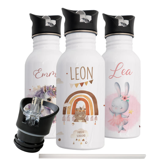 Kidsmood - Personalized stainless steel water bottle for children, 500ml with built-in straw, Leak-proof, Dishwasher-safe, and Perfect for school & kindergarten.