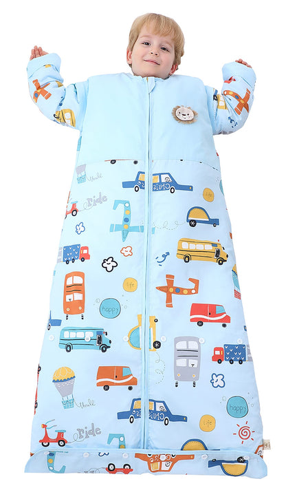 Chilsuessy Winter 2.5 Tog Kids Sleeping Bag with Removable Sleeves Organic Baby Sleeping Bag All Season Sleeping Bag for Boys and Girls 1-10 years old, 2.5 Tog/Colorful Bus, M (70-100 cm)