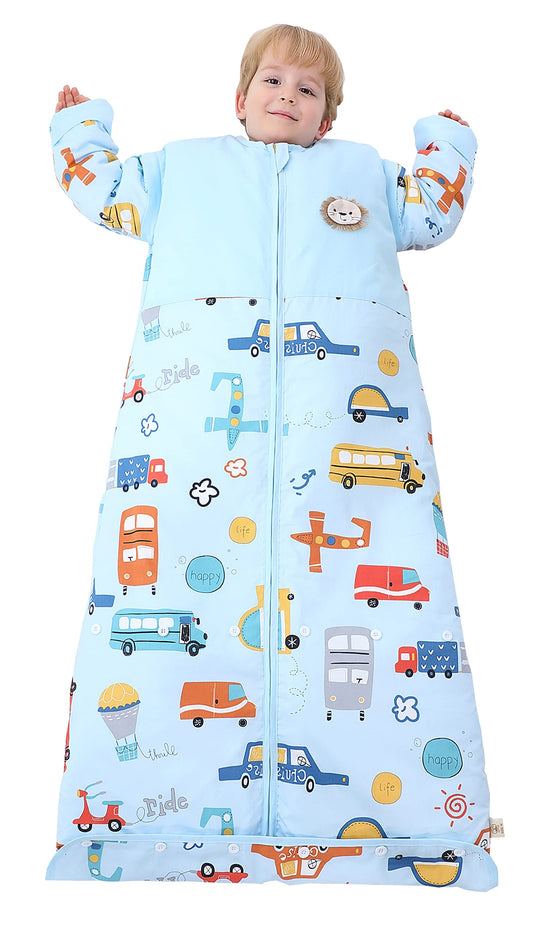Chilsuessy Winter 2.5 Tog Kids Sleeping Bag with Removable Sleeves Organic Baby Sleeping Bag All Season Sleeping Bag for Boys and Girls 1-10 years old, 2.5 Tog/Colorful Bus, M (70-100 cm)