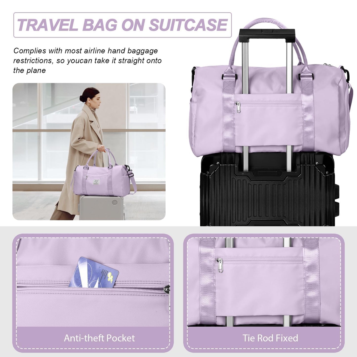 HYC00 Sport Duffel Bag for Women Men, Gym Bag with Wet Pocket & Shoe Compartment, Travel Duffel Bags Overnight Bag Travel Bag Carry on Luggage Fitness Bag Workout Bag Weekender Bag, Purple