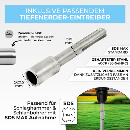 GRAFT grounding rod set made of V4A stainless steel | 3x1m grounding rods | 20mm diameter | Includes SDS-Max driver & connection clamp | Lightning protection for PV system | Grounding | House grounding | Grounding spike