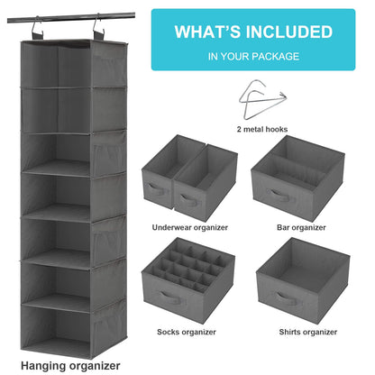 VERONLY hanging shelf with 7 compartments hanging organizer wardrobe organizer hanging storage fabric with 5 drawers and 8 mesh pockets foldable storage system for bedroom, camper camping (gray)