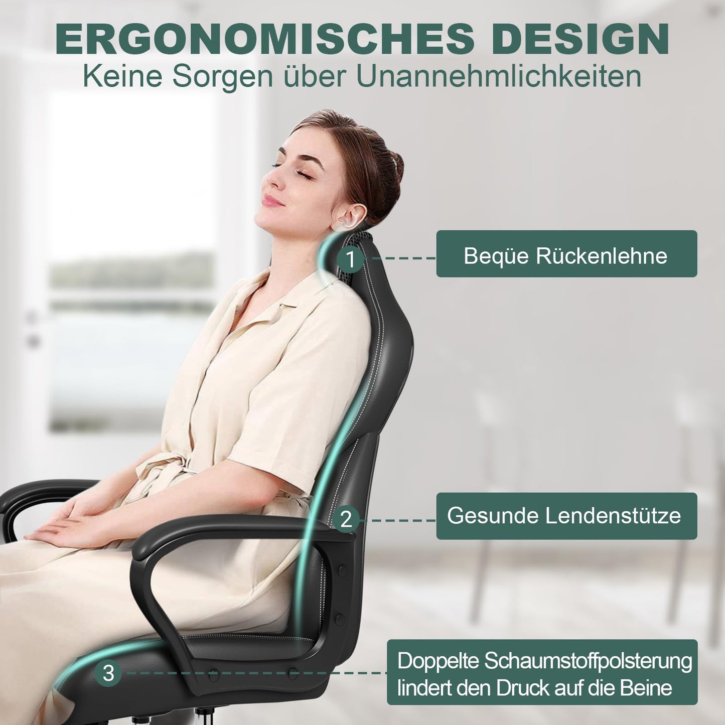 BASETBL Office Chair Ergonomic, Desk Chair, Gaming Chair, Executive Chair, Computer Chair, PC Chair, Swivel Chair, has height adjustment and rocking function, fixed armrest, back-friendly, up to 150kg.