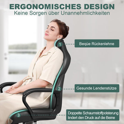 BASETBL Office Chair Ergonomic, Desk Chair, Gaming Chair, Executive Chair, Computer Chair, PC Chair, Swivel Chair, has height adjustment and rocking function, fixed armrest, back-friendly, up to 150kg.