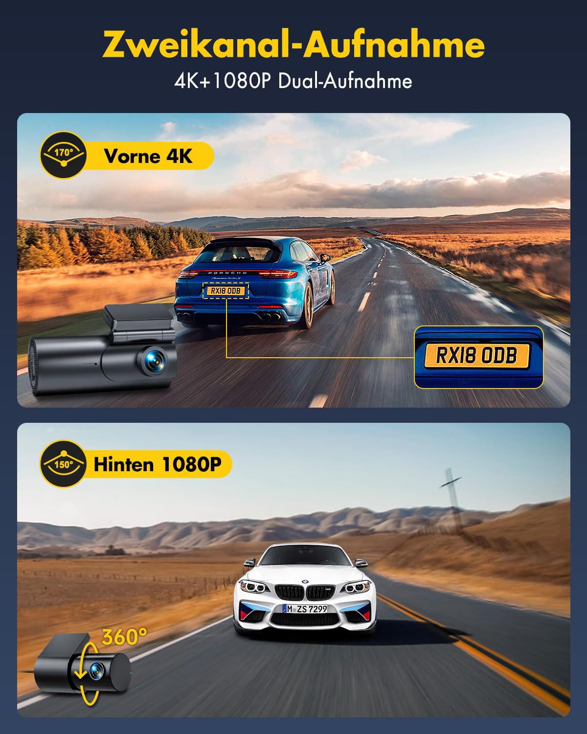 4K+1080P front and rear dash cam with 5GHz WiFi, 64GB SD card, parking monitoring, super night vision, WDR, 170° wide angle, G-sensor, loop recording, APP control, supports up to 256GB.