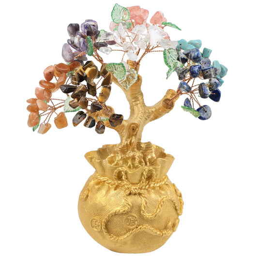 Mookaitedecor 7 Chakra Stone Money Tree with Golden Money Bag Base, Feng Shui Tree Bonsai Ornament for Home & Office Decoration Wealth and Luck.