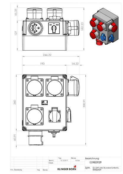 Automatic switch-on 3Ph-400V/230V with selector switch hand-0-auto for extraction, collar plug 16A.