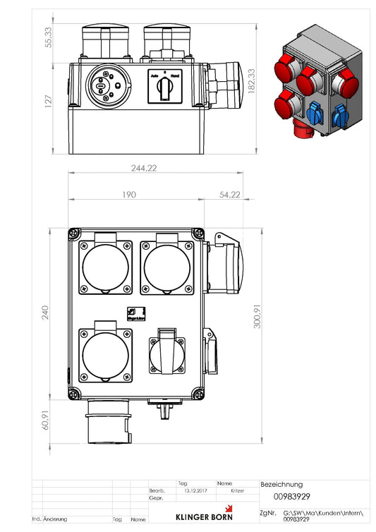 Automatic switch-on 3Ph-400V/230V with selector switch hand-0-auto for extraction, collar plug 16A.